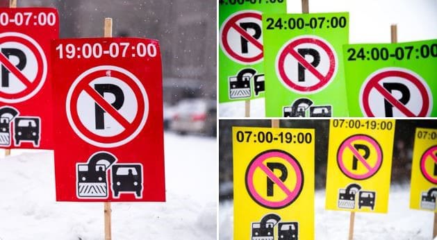 winter no parking signs